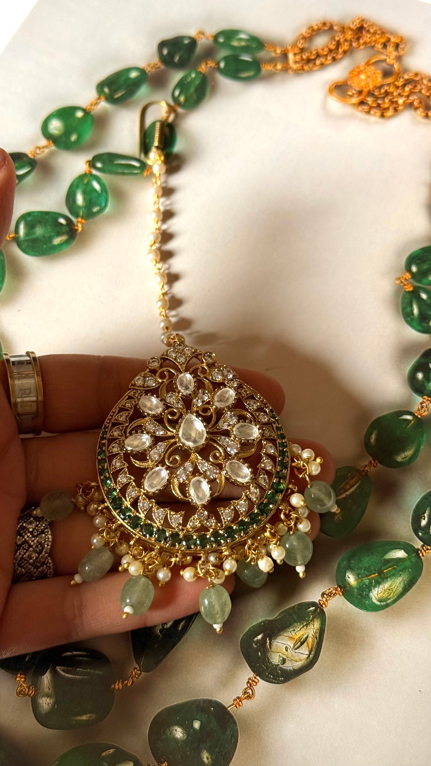 Emerald kundan with mint strawberry maangtikka