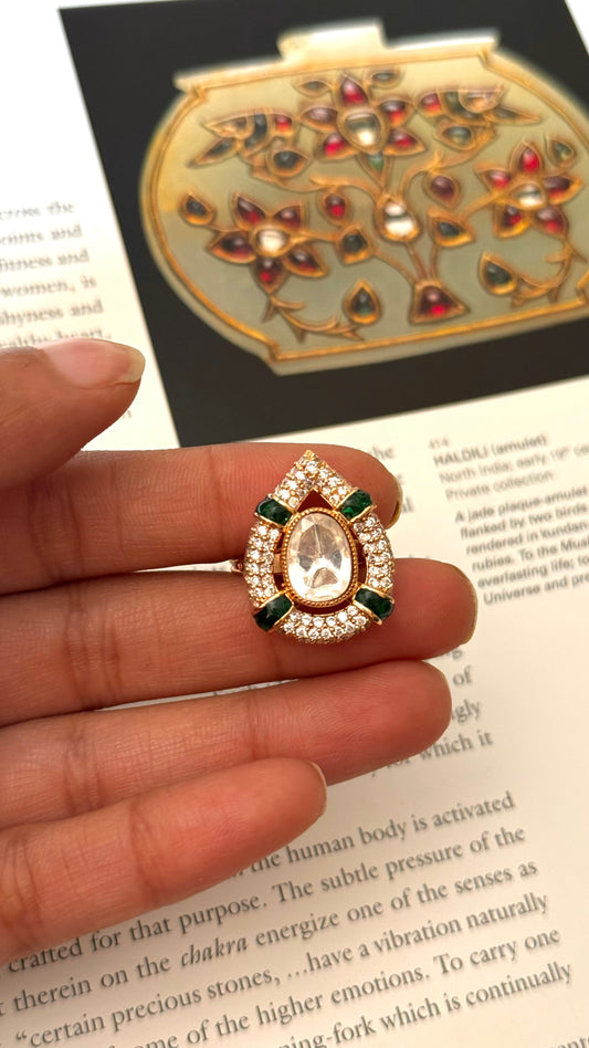 Ring kundan drop shape emerald  adjustable
