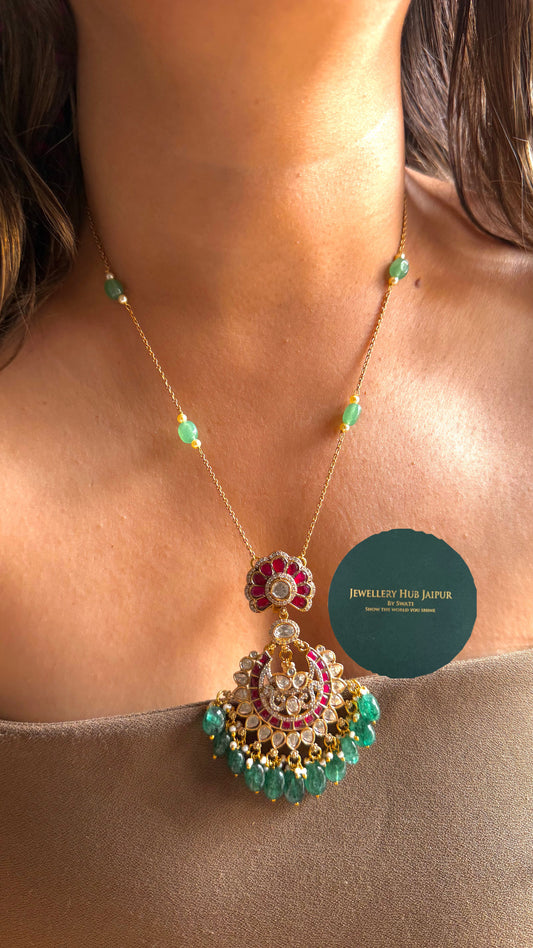 Peacock inspired designer pendant set with Emerald detailing