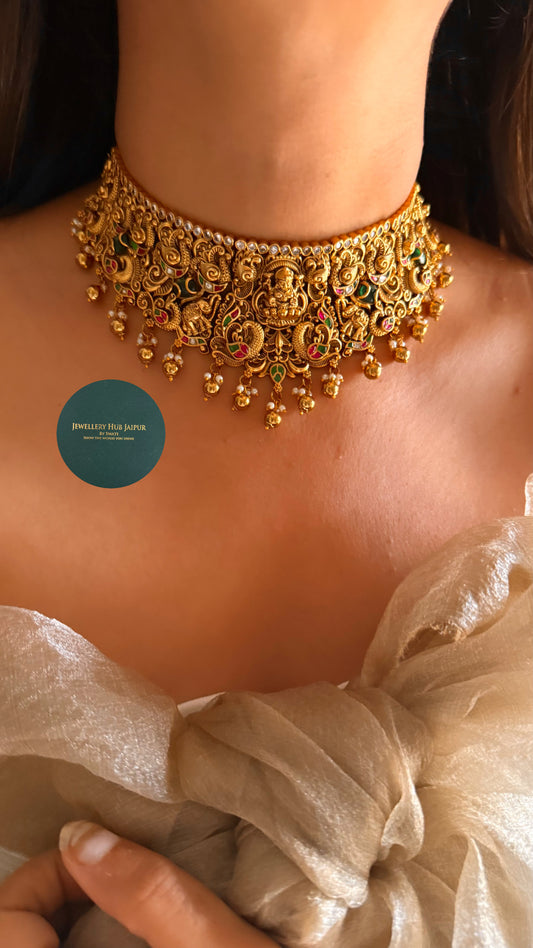 Goddess laxmi with emerald & rani pink choker set