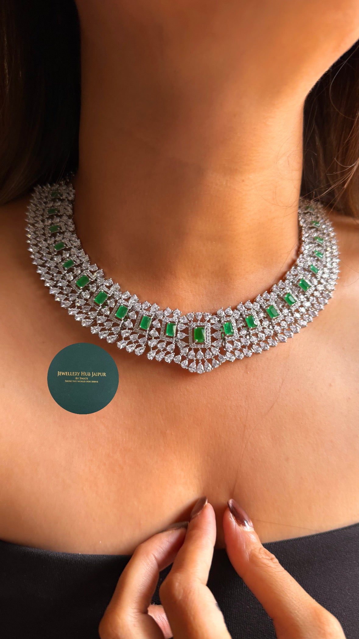 Emerald doublet cz diamond necklace