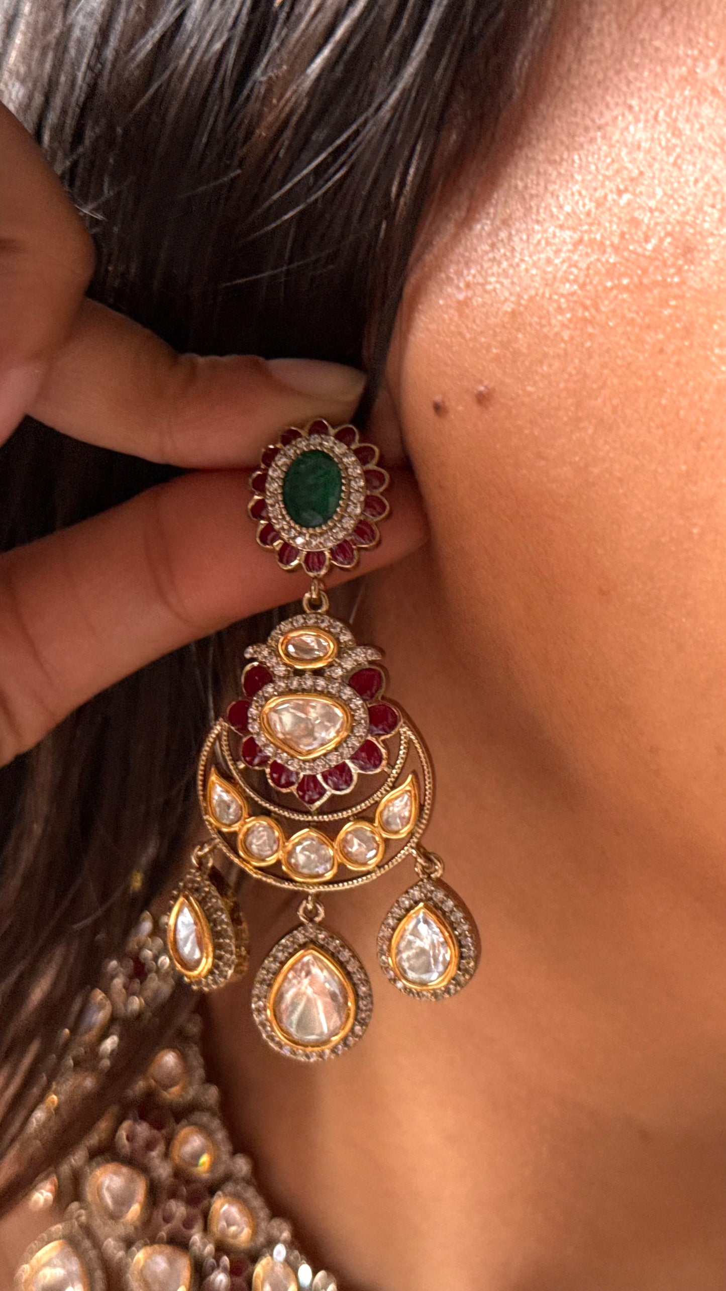 Emerald & ruby vintage moissanite polki necklace