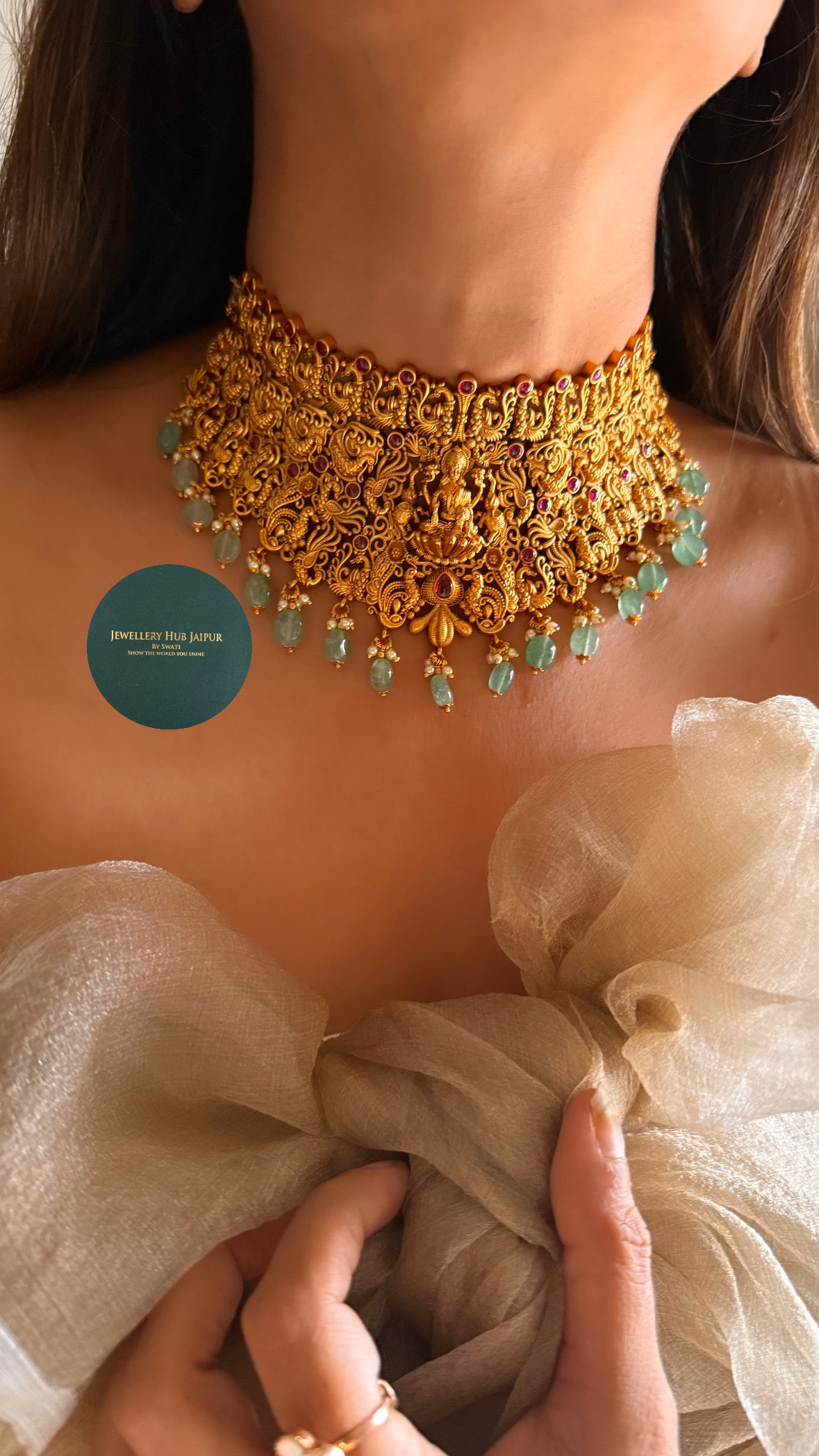 Goddess laxmi with ruby & mint drops choker set