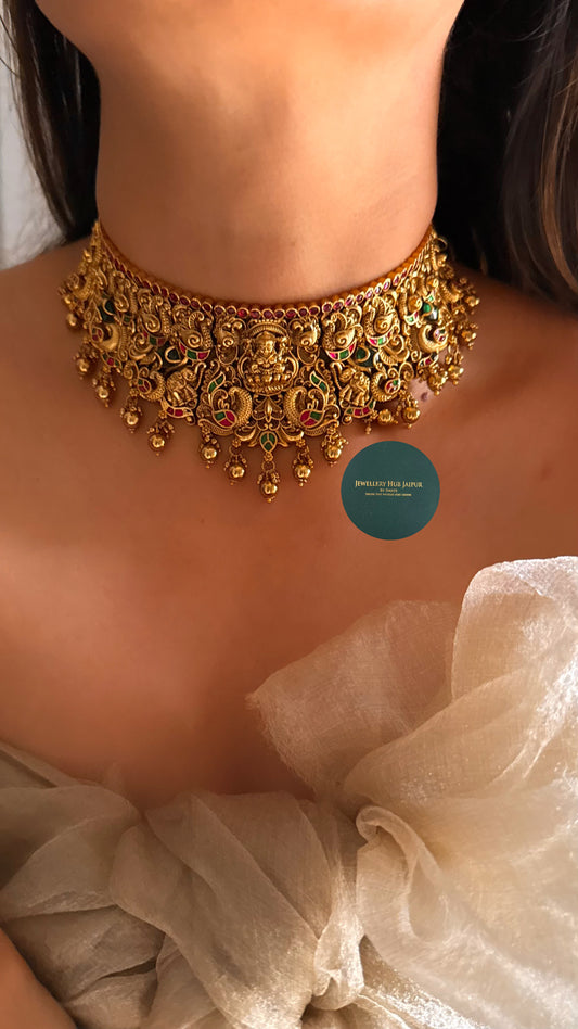 Goddess laxmi emerald & rani pink choker set