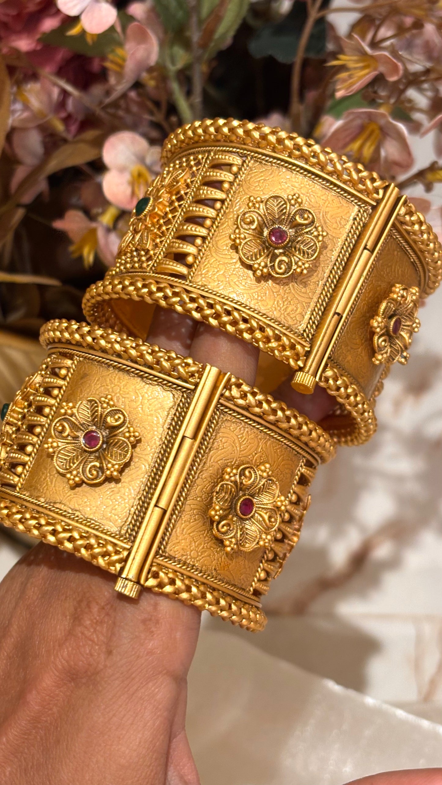 Matte gold floral nakshee wide bangles