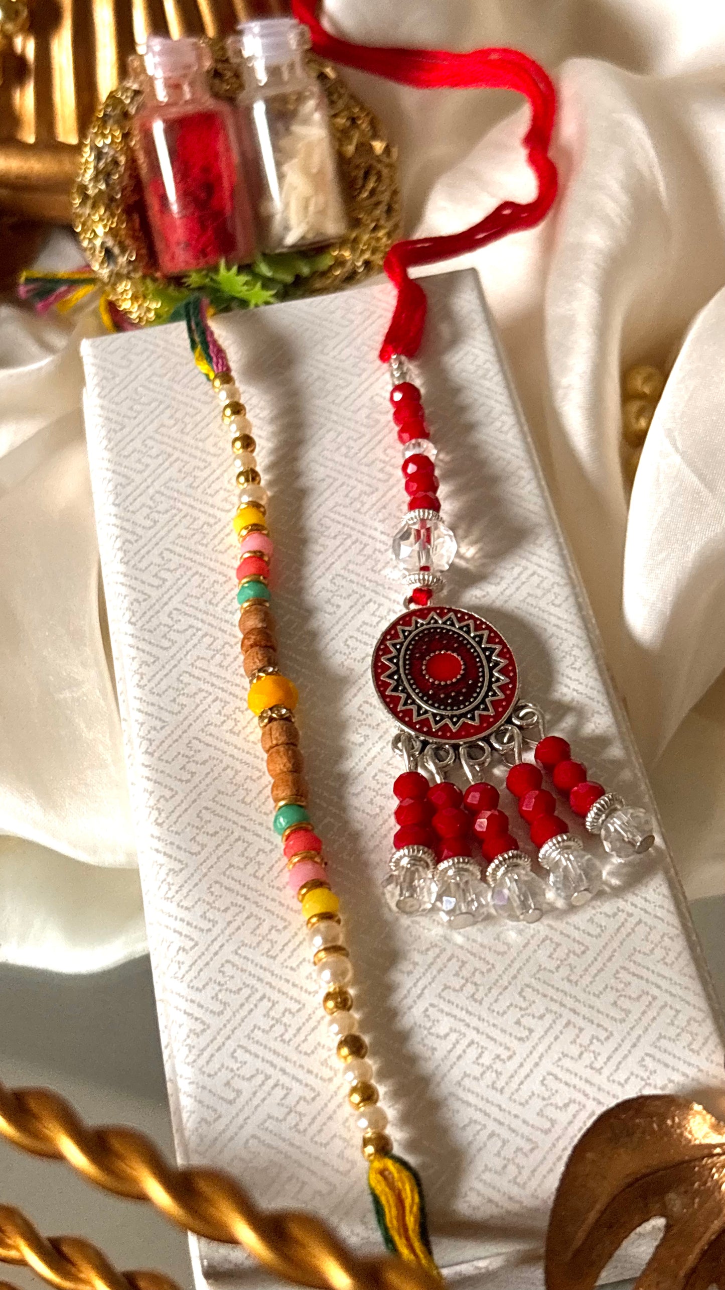 Bhaiya bhabhi lumba red nakashi oxidised rakhi ( shipping will be extra )