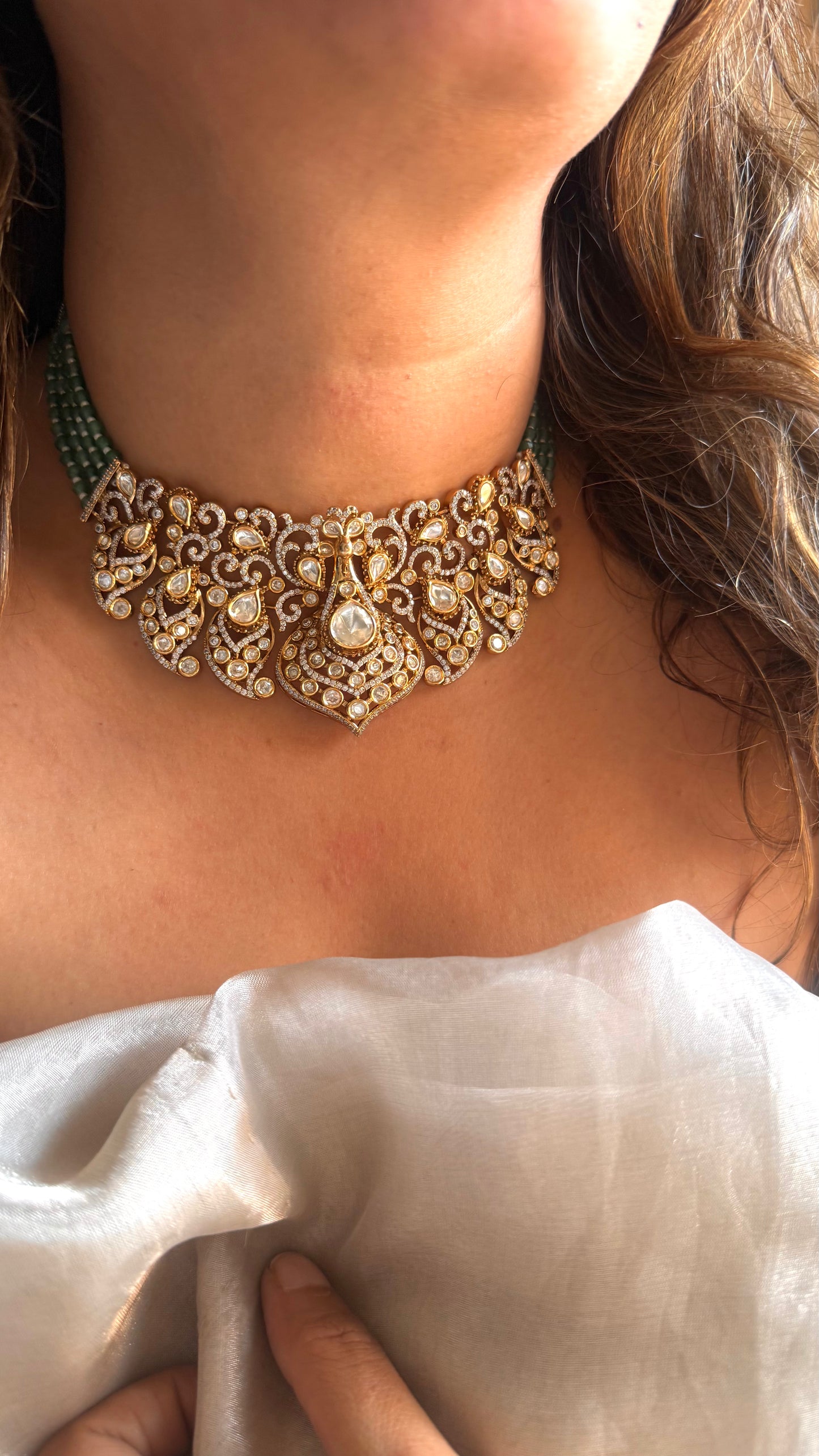 LV shade Polki designer choker with emerald string detailing