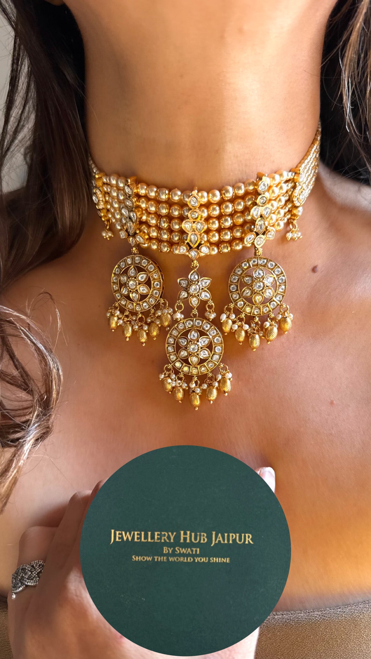 White Moissanite with gold drops rajwada choker Necklace