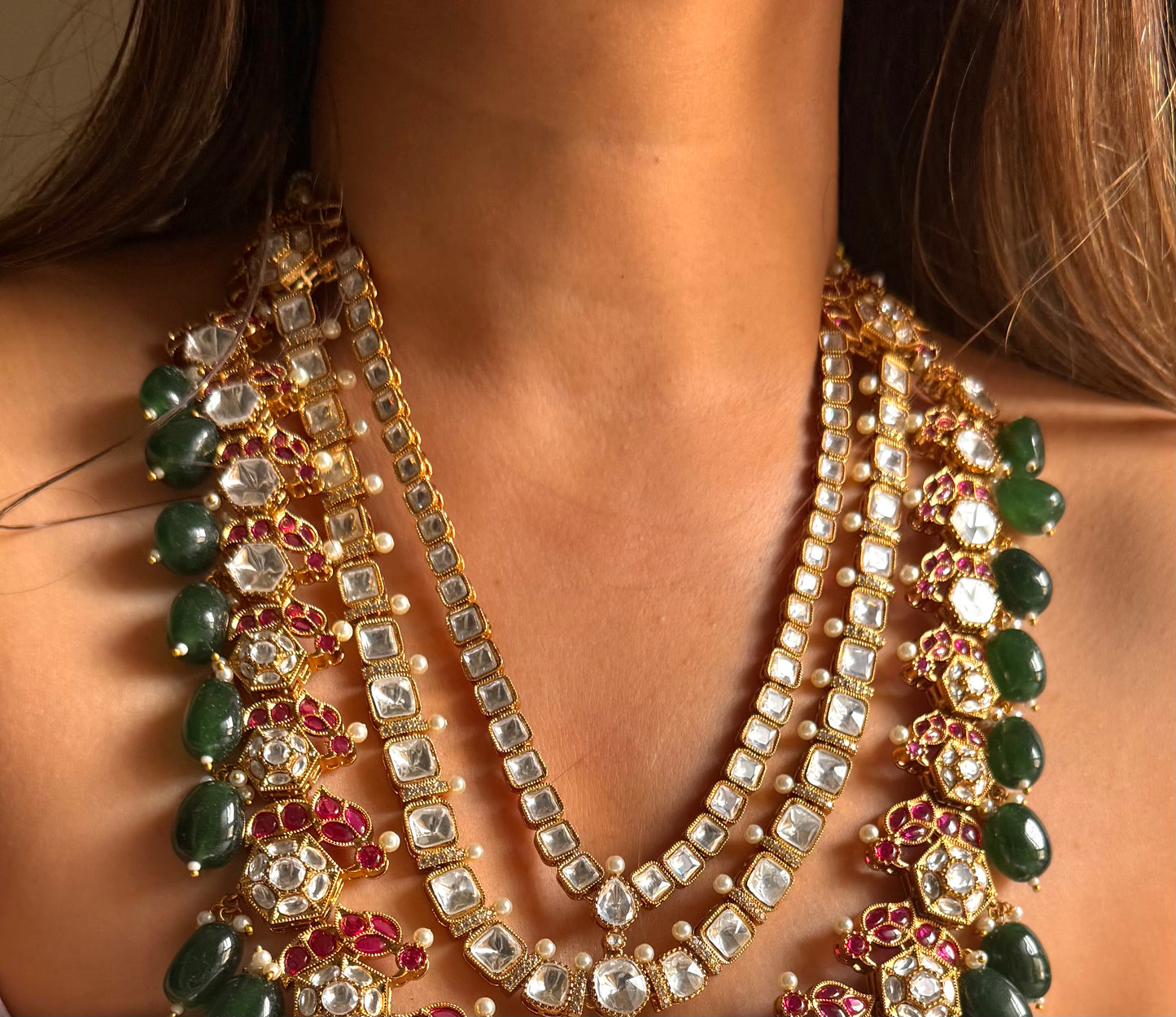 Ritu Raj Rani pink moissanite polki with emerald drop maharani haar