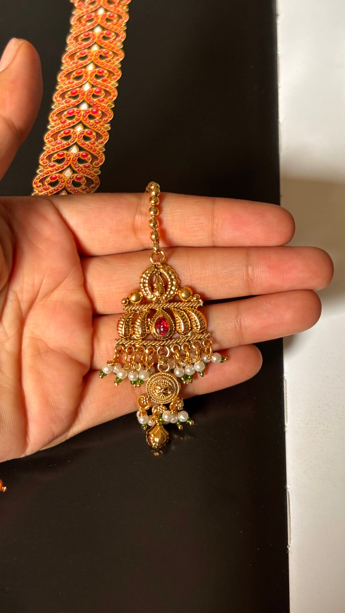 Ruby rajwada golden with pearl detailing maangtikka