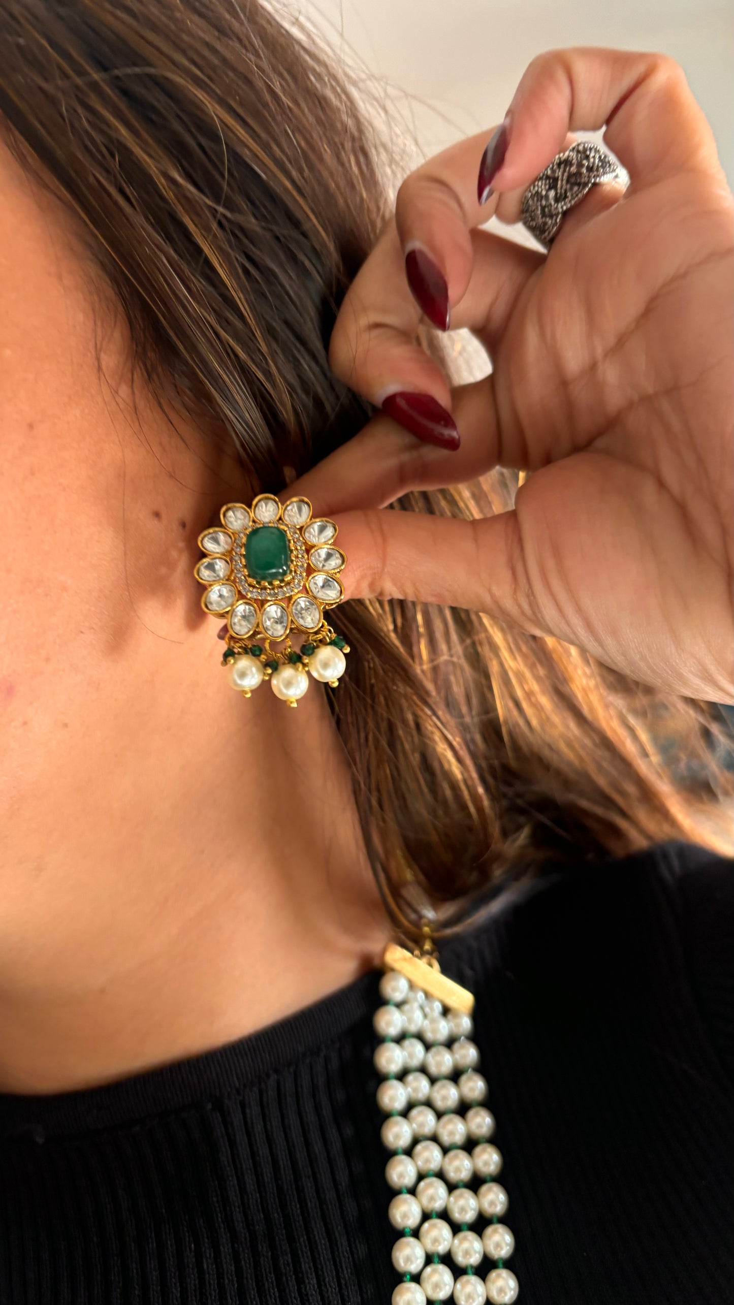 Designer pearl & emerald Moissanite necklace
