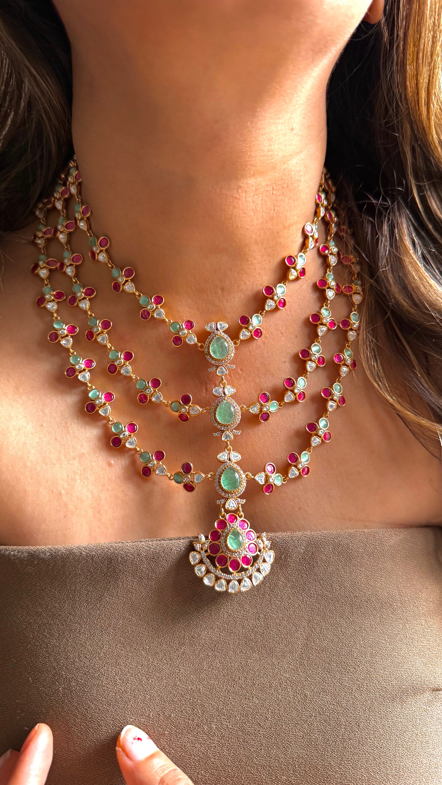 Triple layer mint and Rani pink Amrapali necklace