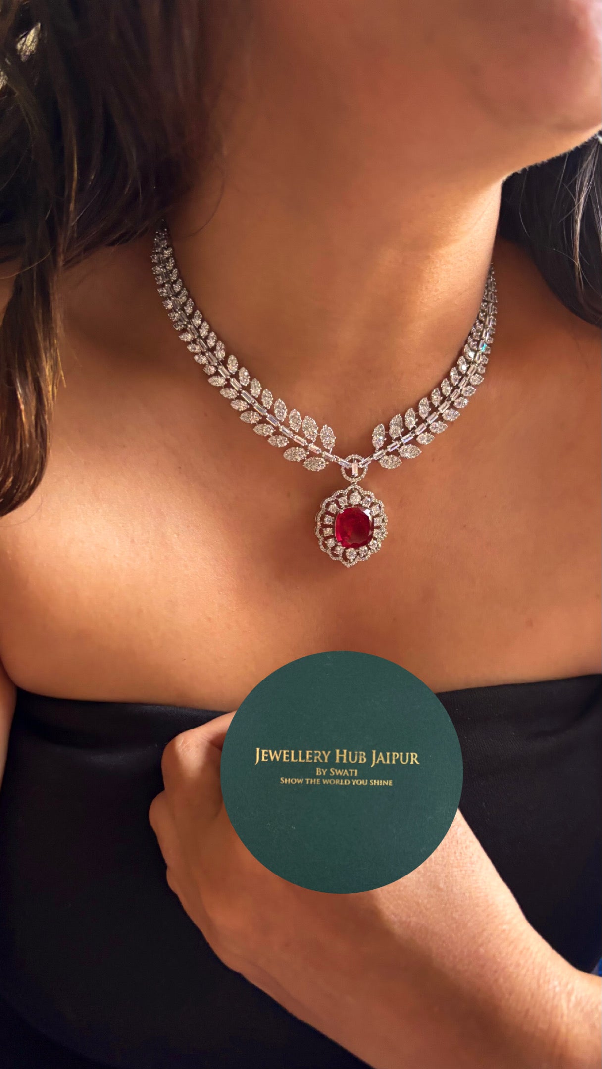 Ruby Designer cz leafy crystal necklace