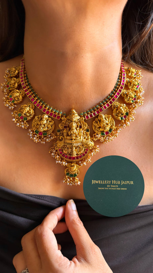 Goddess laxmi & rani pink, emerald with pearl drops temple collar set