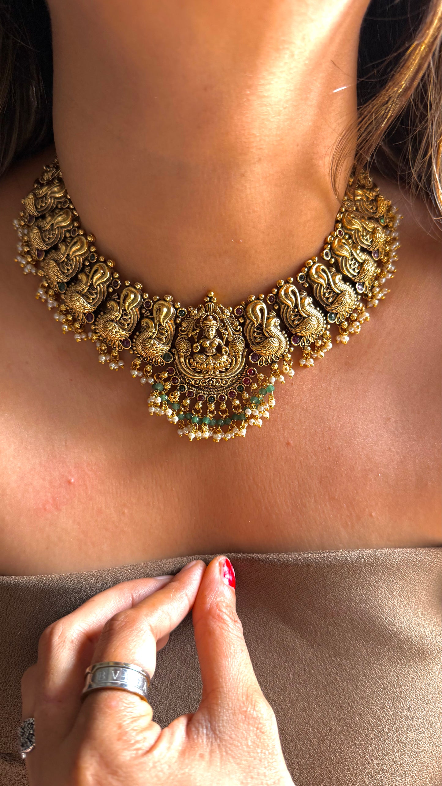 Goddess Laxmi mint & pearl nakshi temple necklace