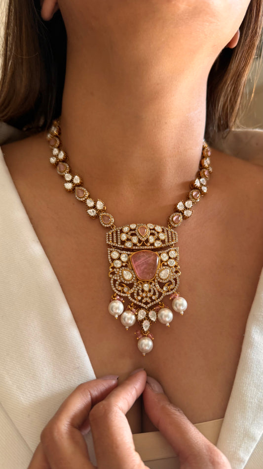Neiza Rose quartz heritage moissanite collar necklace with earrings