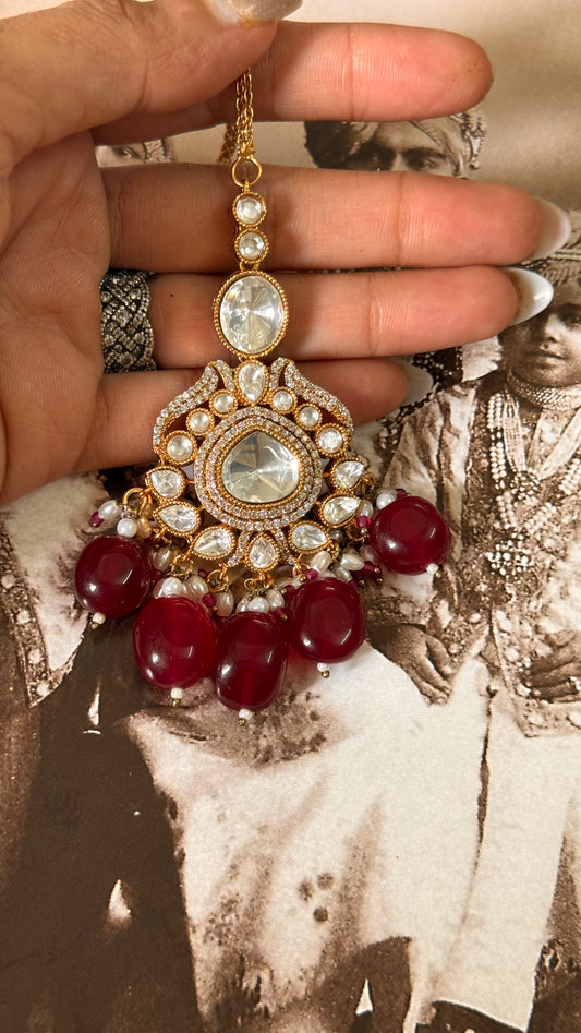 Uncut polki maangtika with ruby drops