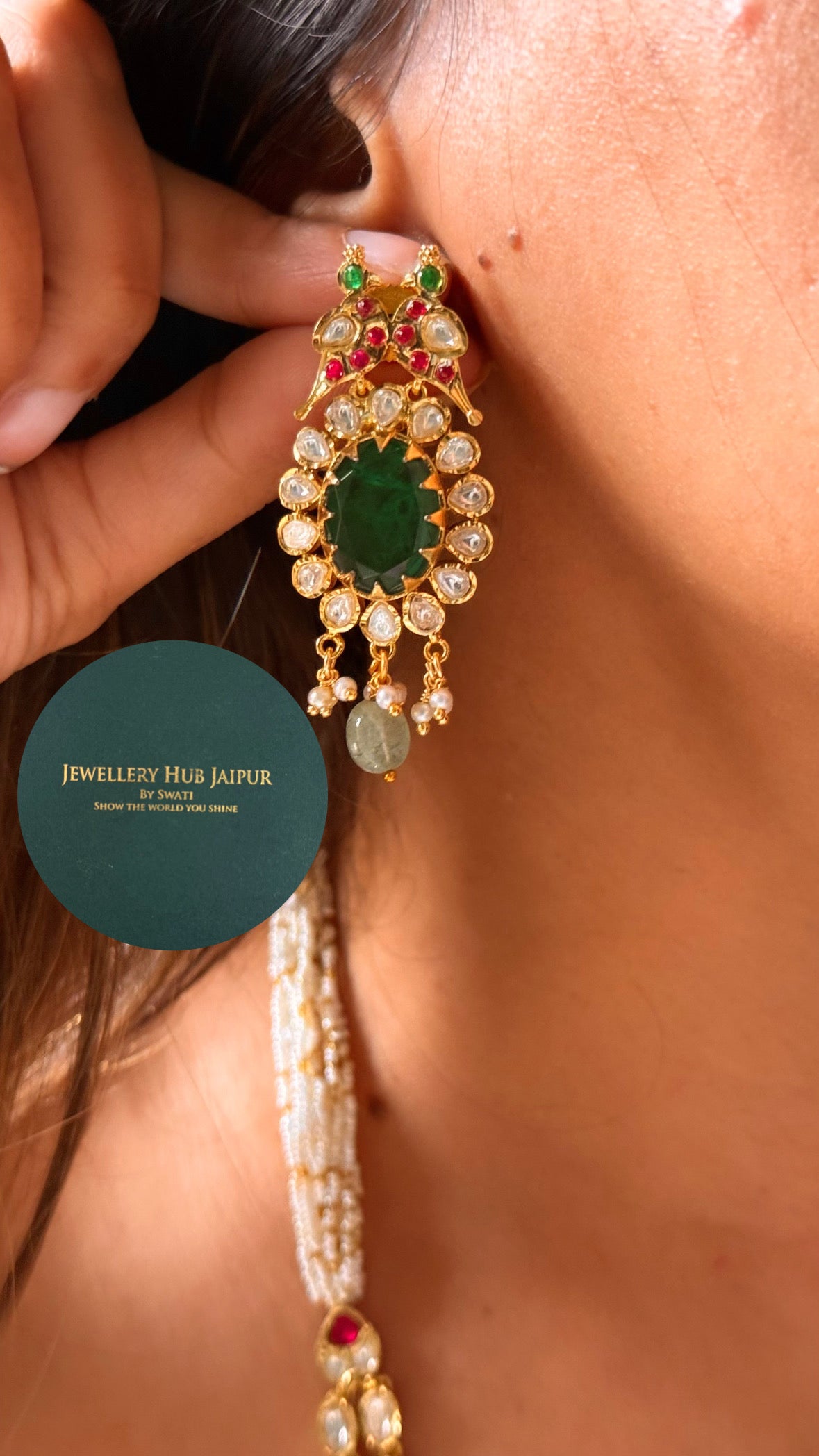 Real Moissanite Emerald doublet & rani pink real moissanite mid length set