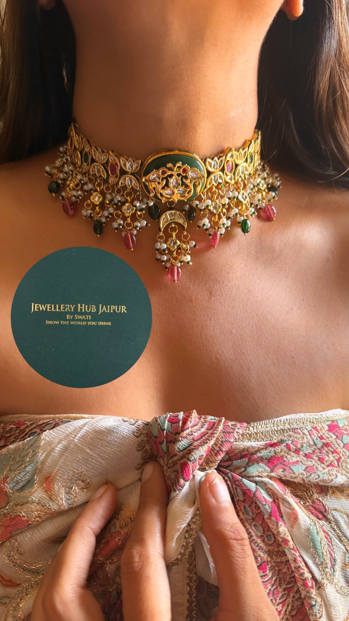 Emerald inlay work & emerald meenakari paachi choker set