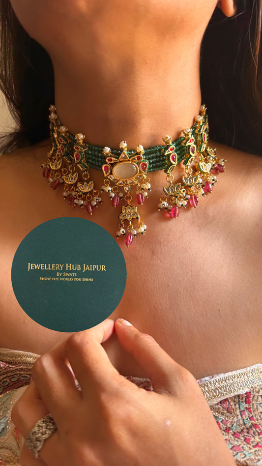 Rani pink & emerald meenakari paachi with rani pink drops paachi choker set (made on order in 10 days)