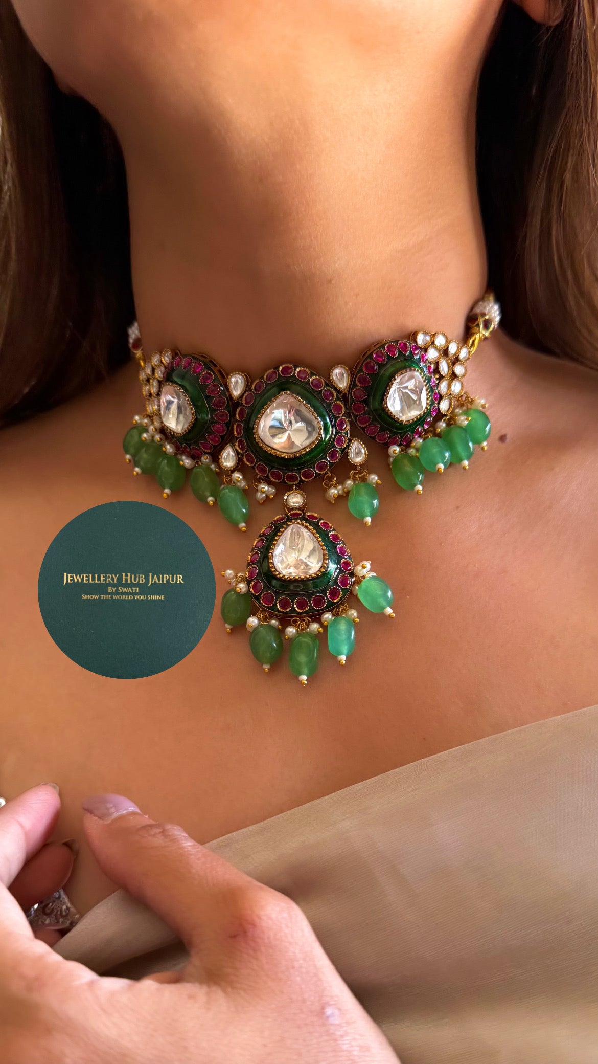 Ruby & Emerald mint polki choker necklace with jhumkas