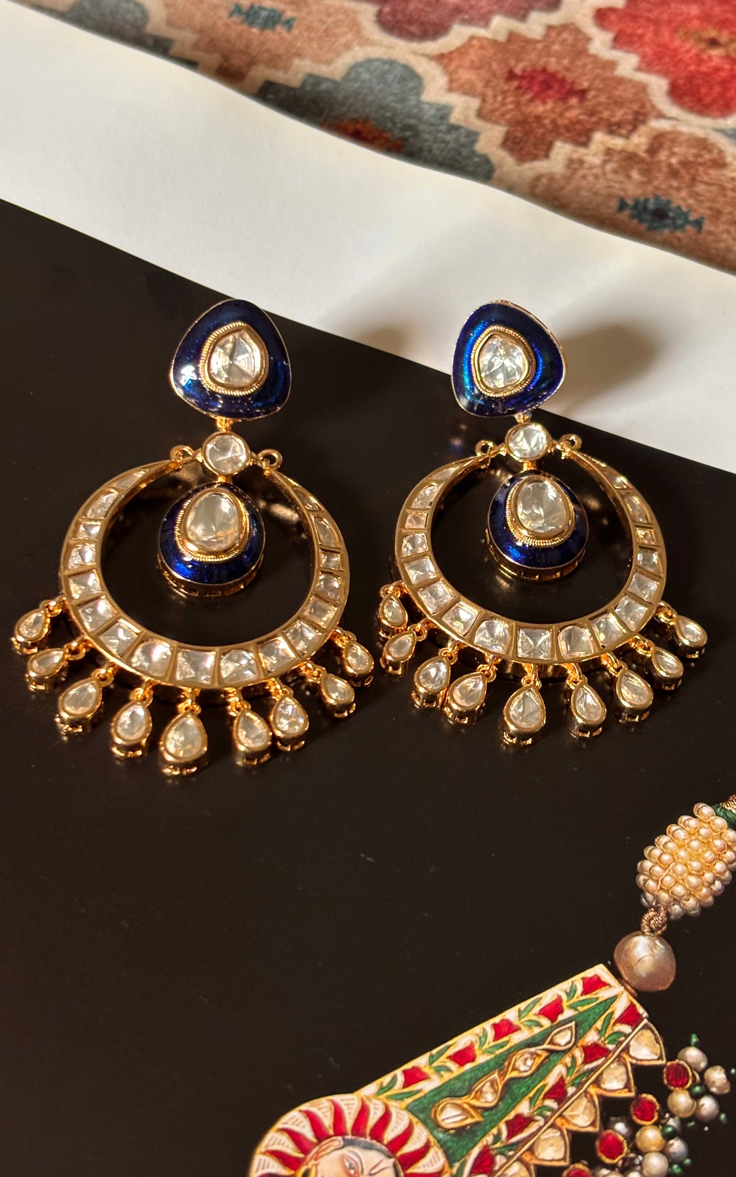 Sapphire meenakari with uncut polki Chandbali earrings