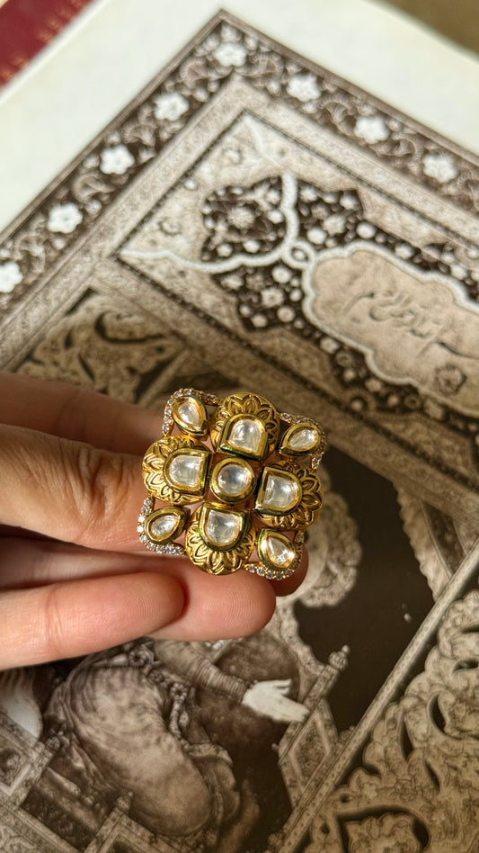 Moissanite polki & emerald meenakari adjustable ring