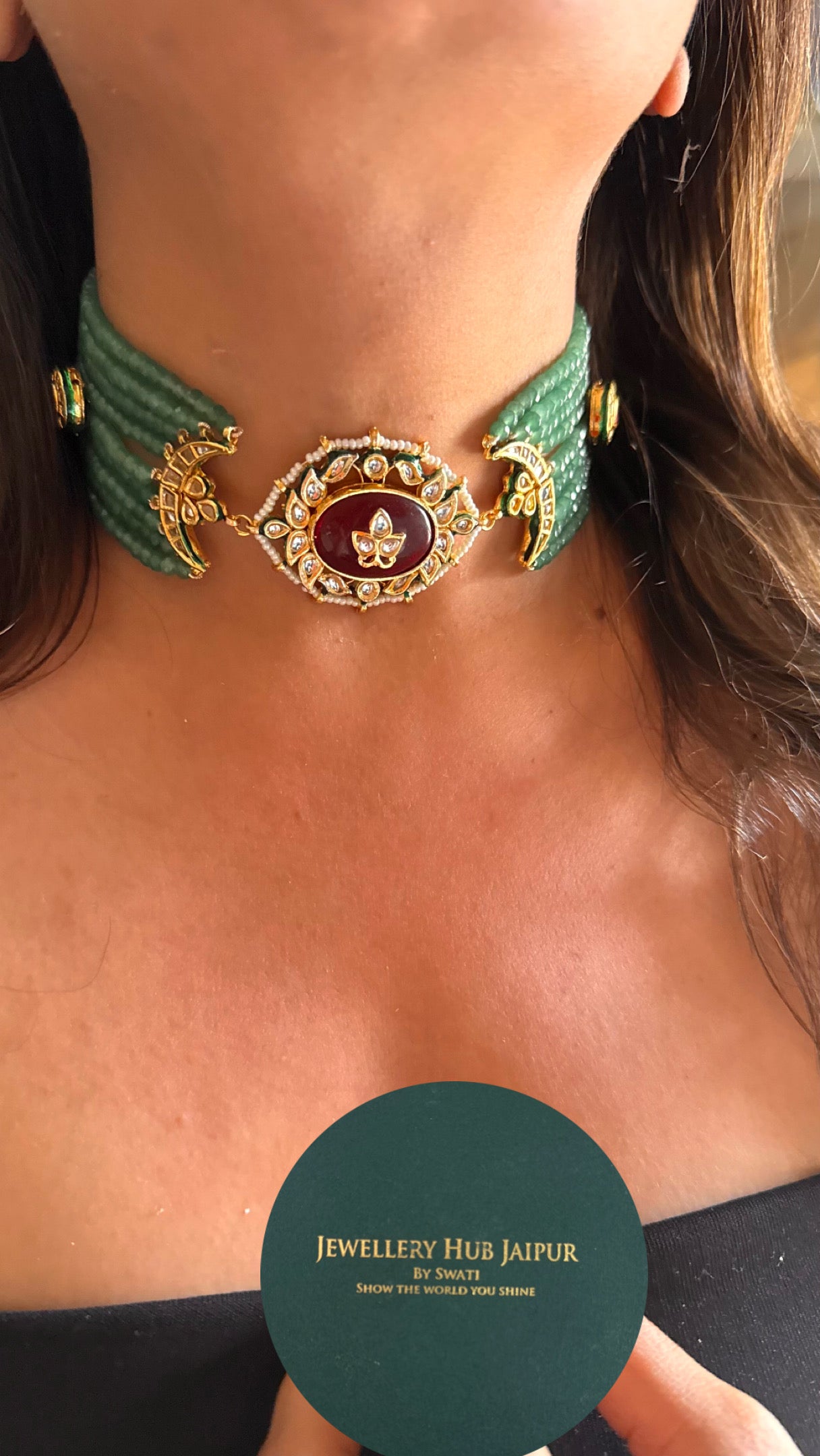 Ruby inlay emerald meenakari work thread choker Necklace