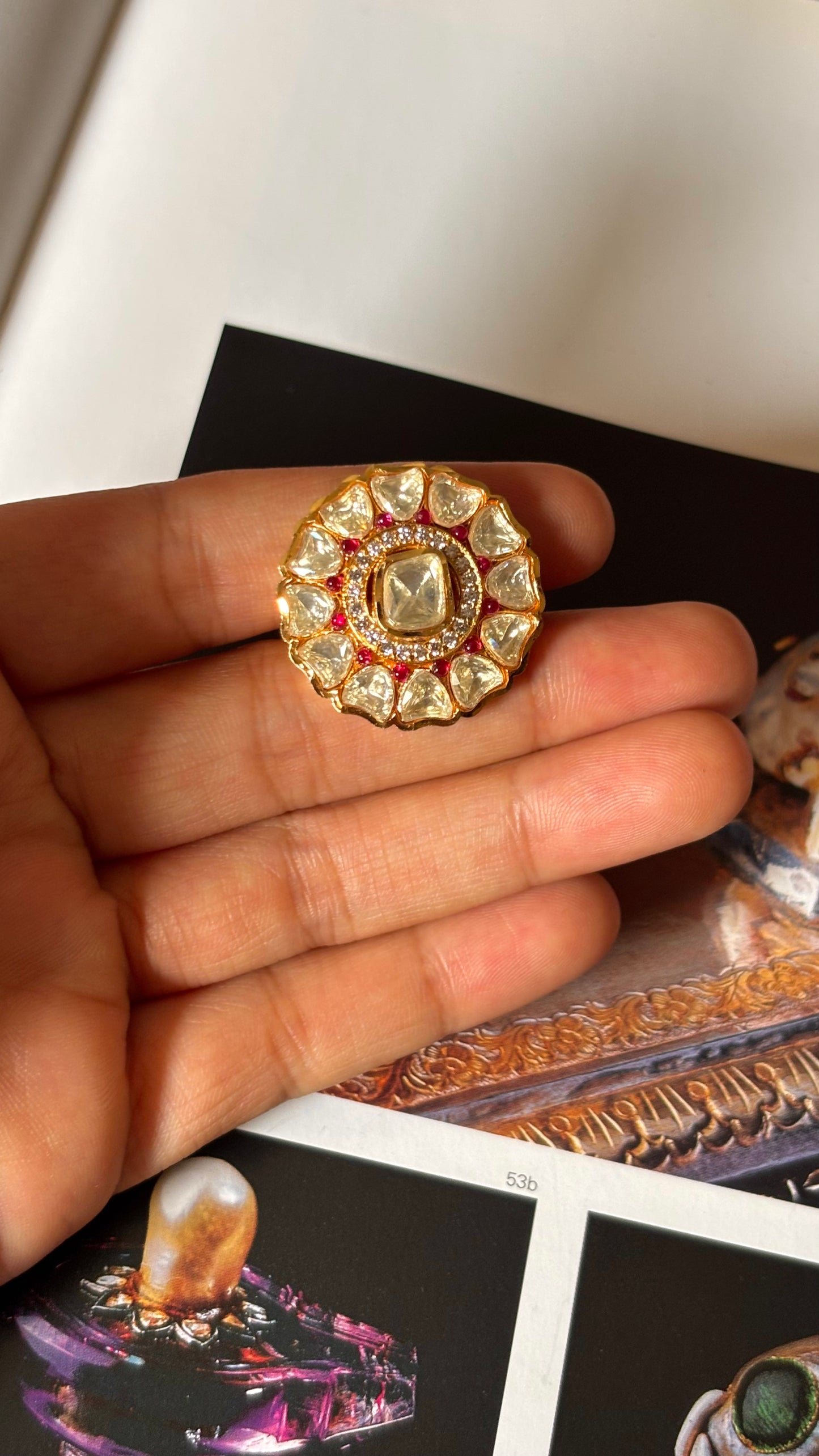 Real moissanite uncut polki ruby floral ring
