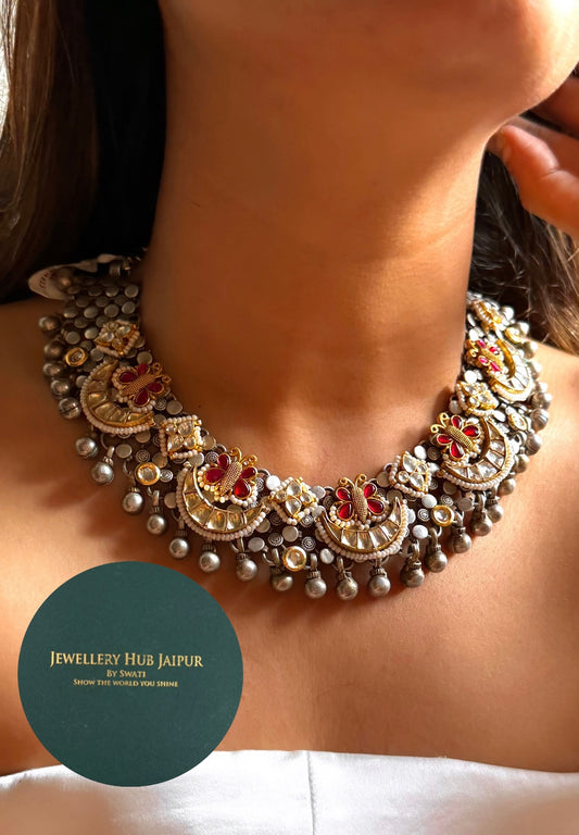 Oxidised silver Rani pink butterfly designed collar set
