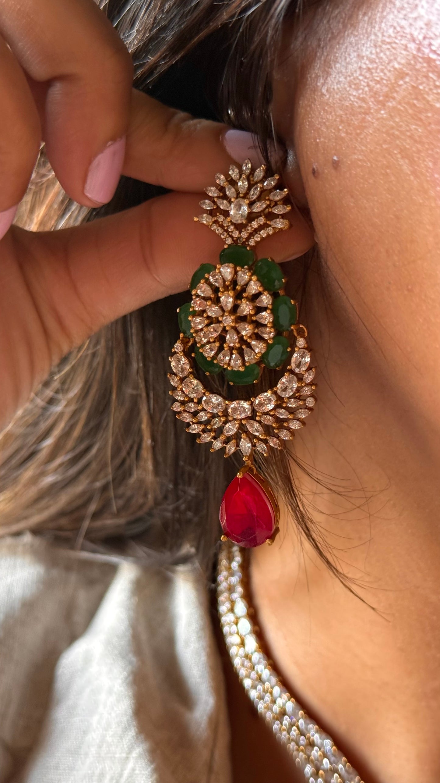 Emerald & ruby doublets with cz diamond designer necklace