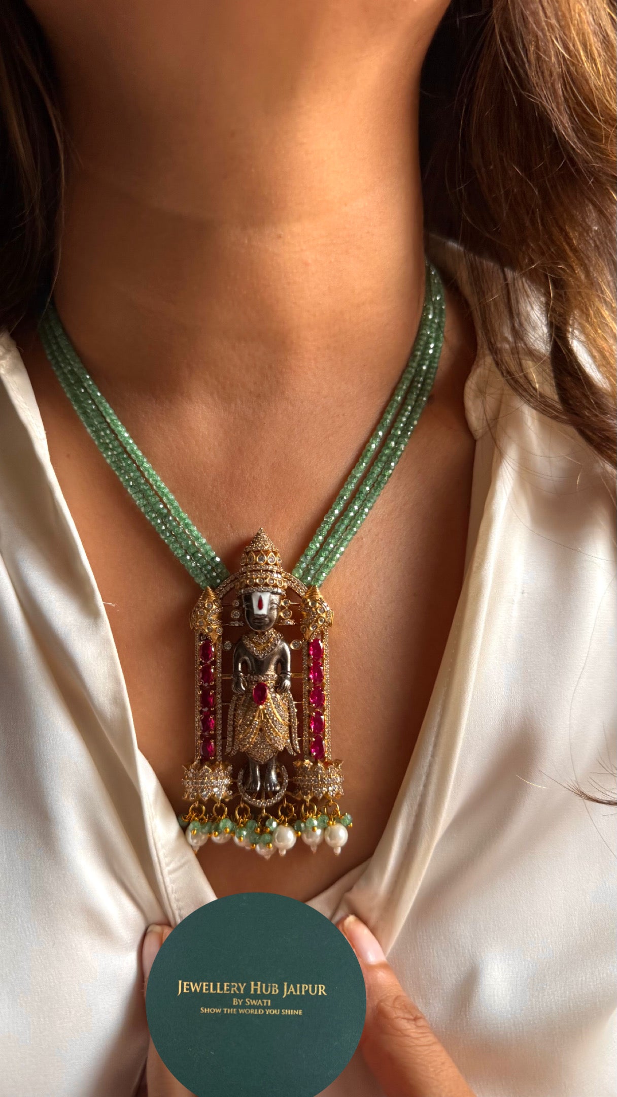 Lord venkateswara with mint pearl string pendant set