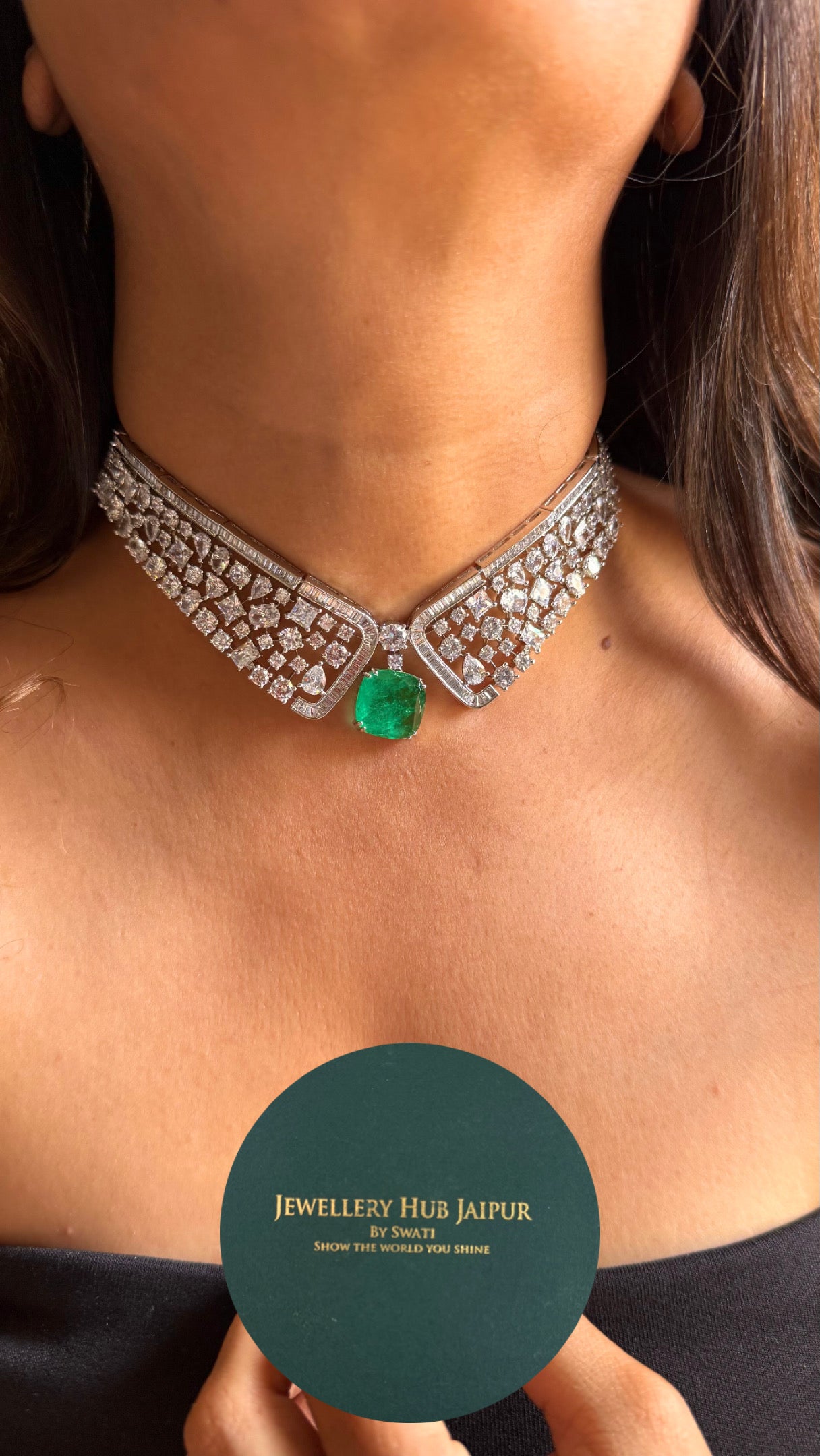 Emerald doublet cz diamond square cut necklace