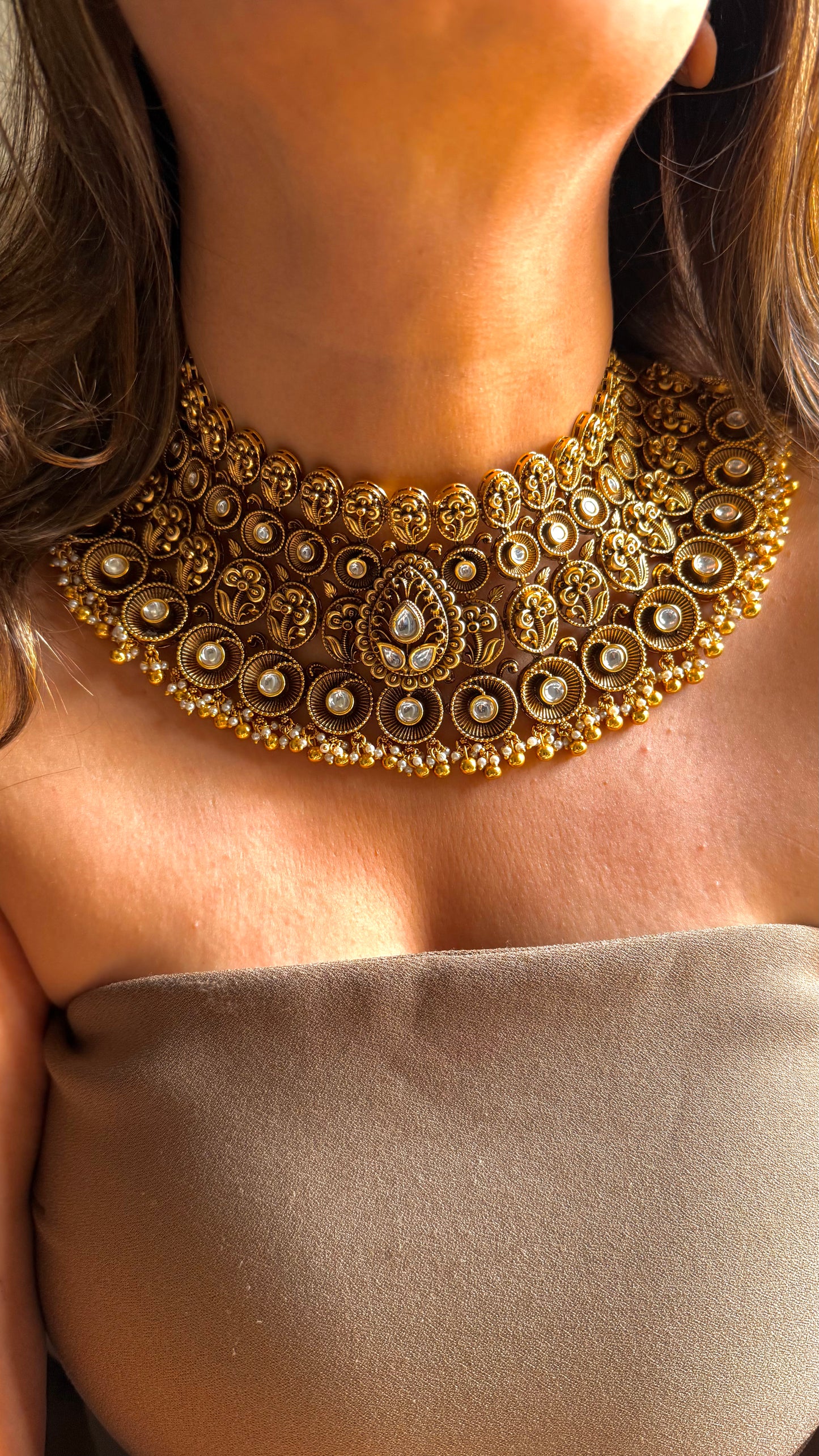 Floral Nakshi oxidised gold polki Choker