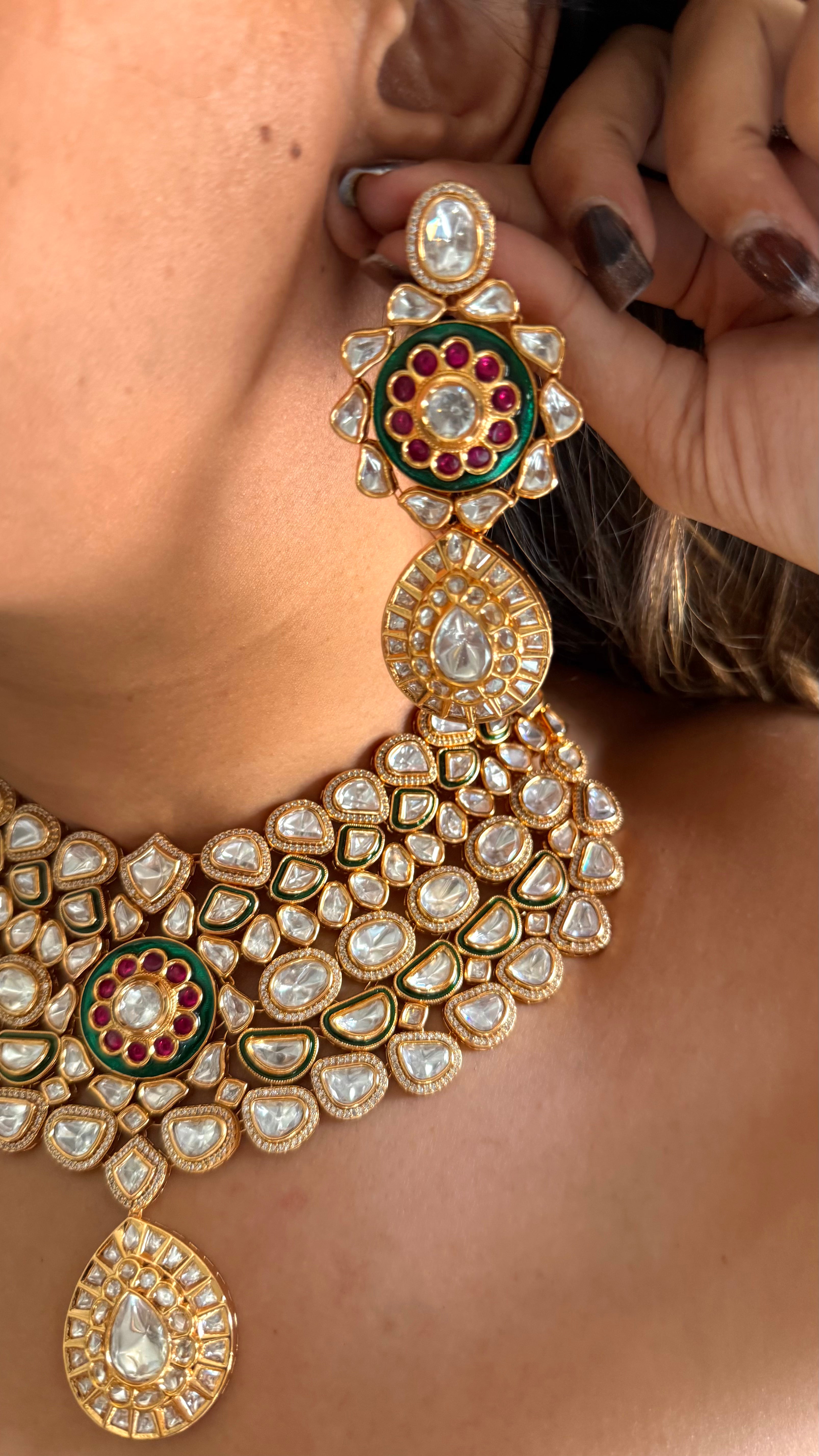 Emerald meenakari & ruby Moissanite uncut polki collar set