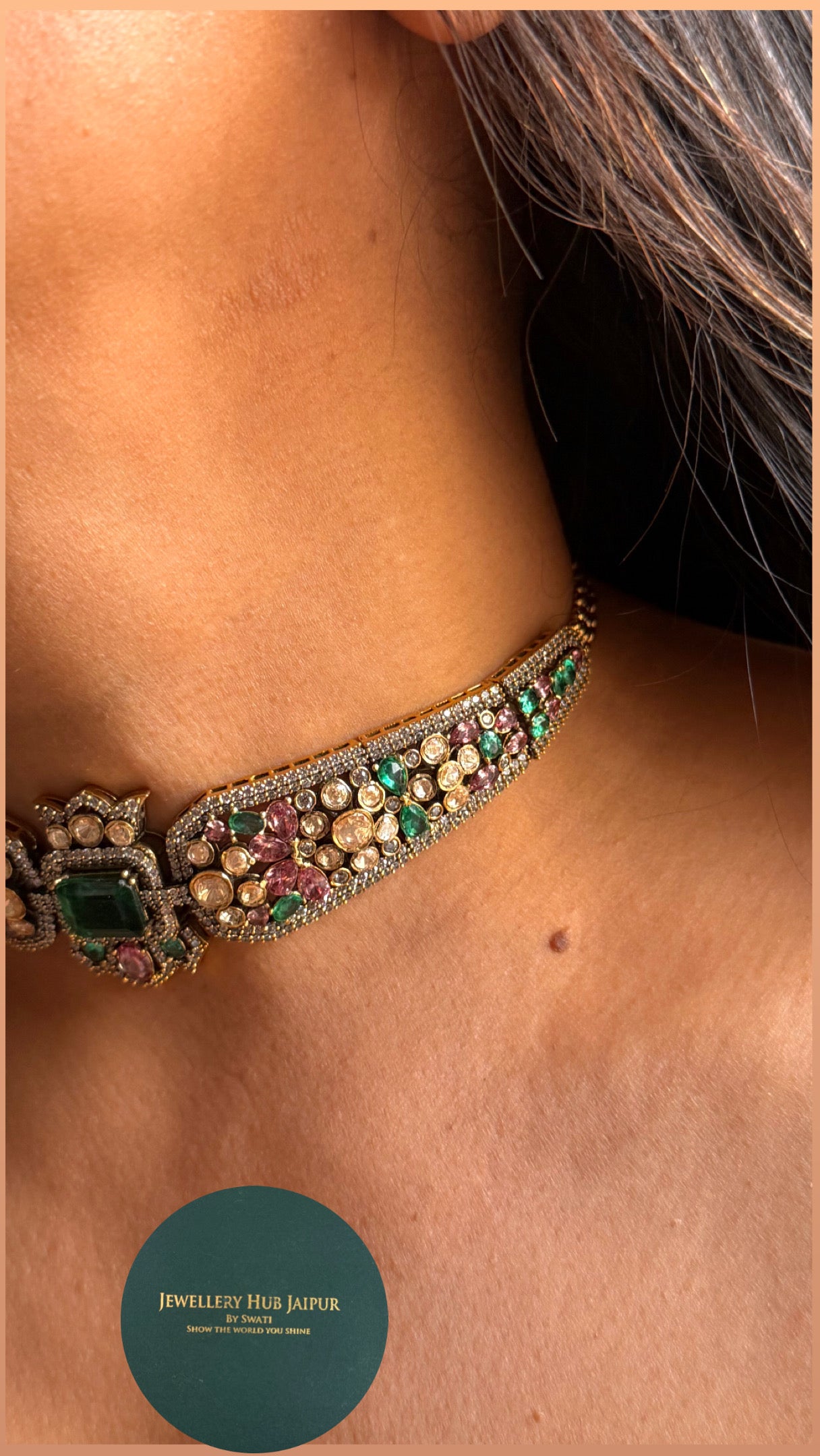 Real Swarovski Multicoloured & emerald doublet polki choker