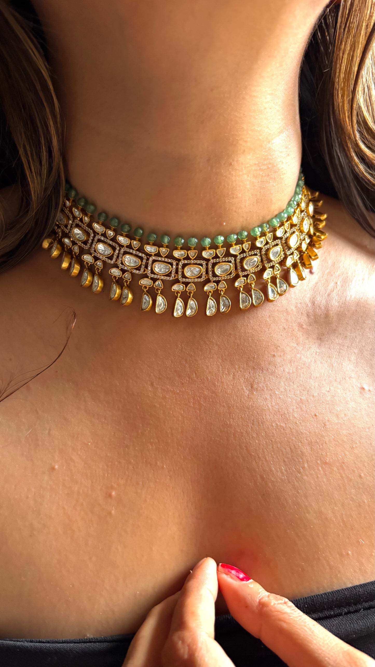 Emerald polki choker with polki drops