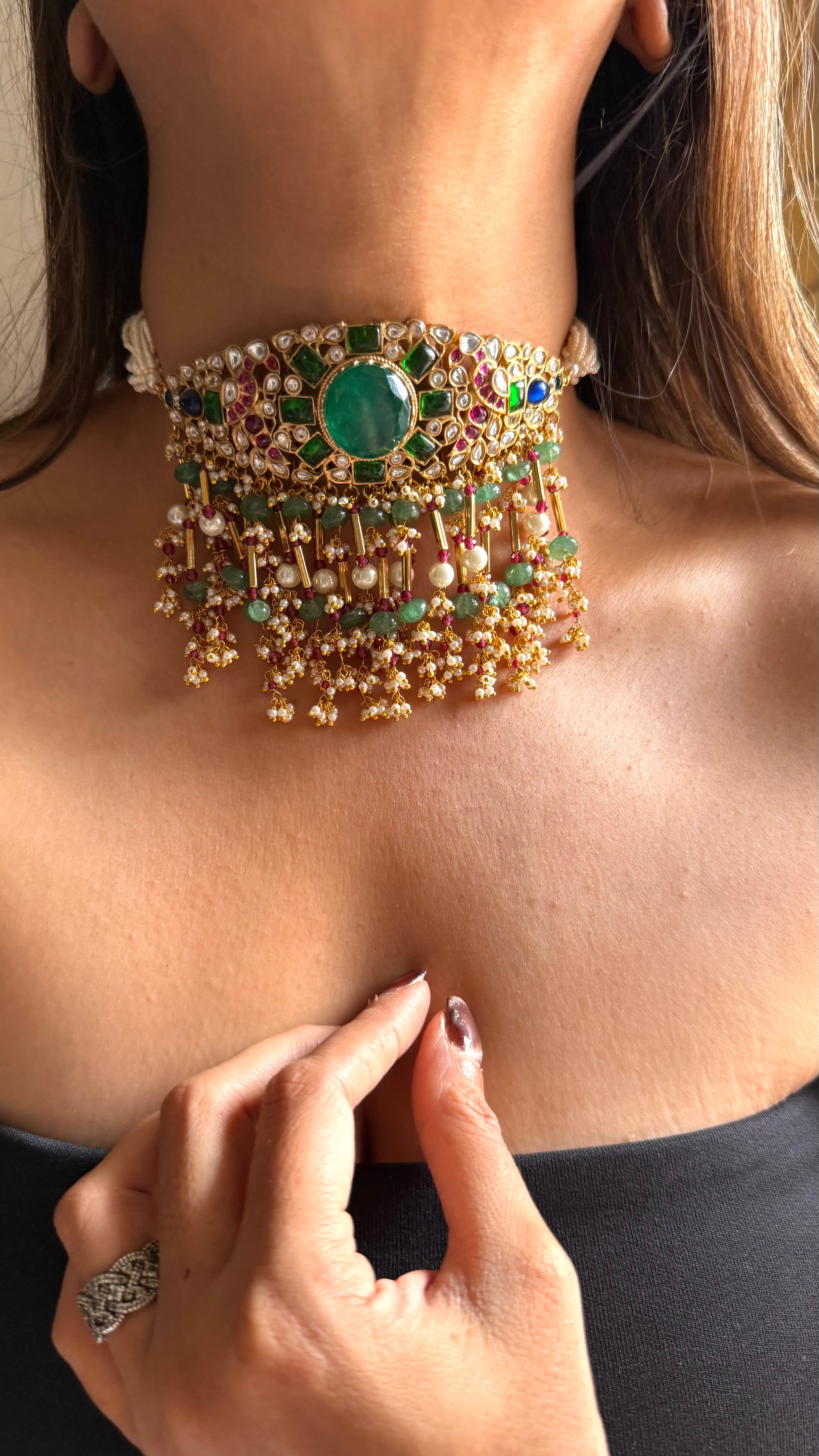 Emerald doublet & rani pink, sapphire moissanite choker
