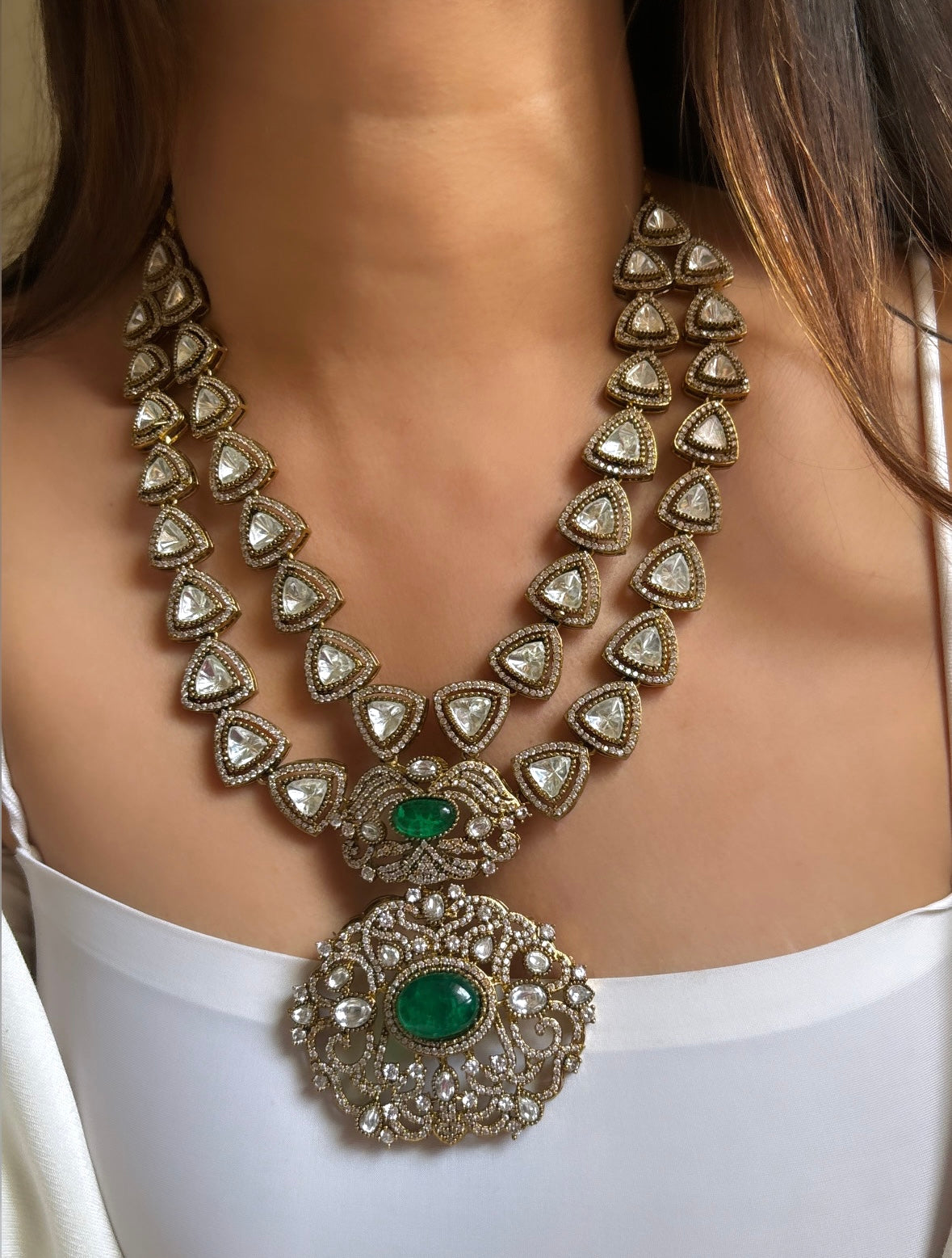 Emerald dual layered Moissanite necklace