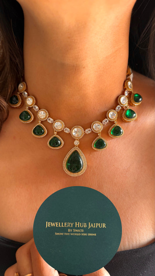 Emerald doublet gold polki necklace