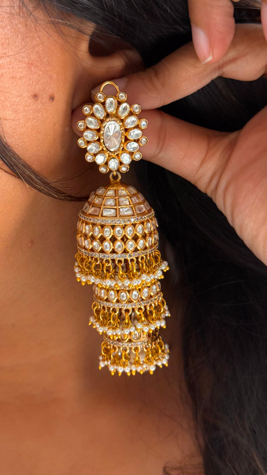 Real  moissanite floral  triple layer jhumki