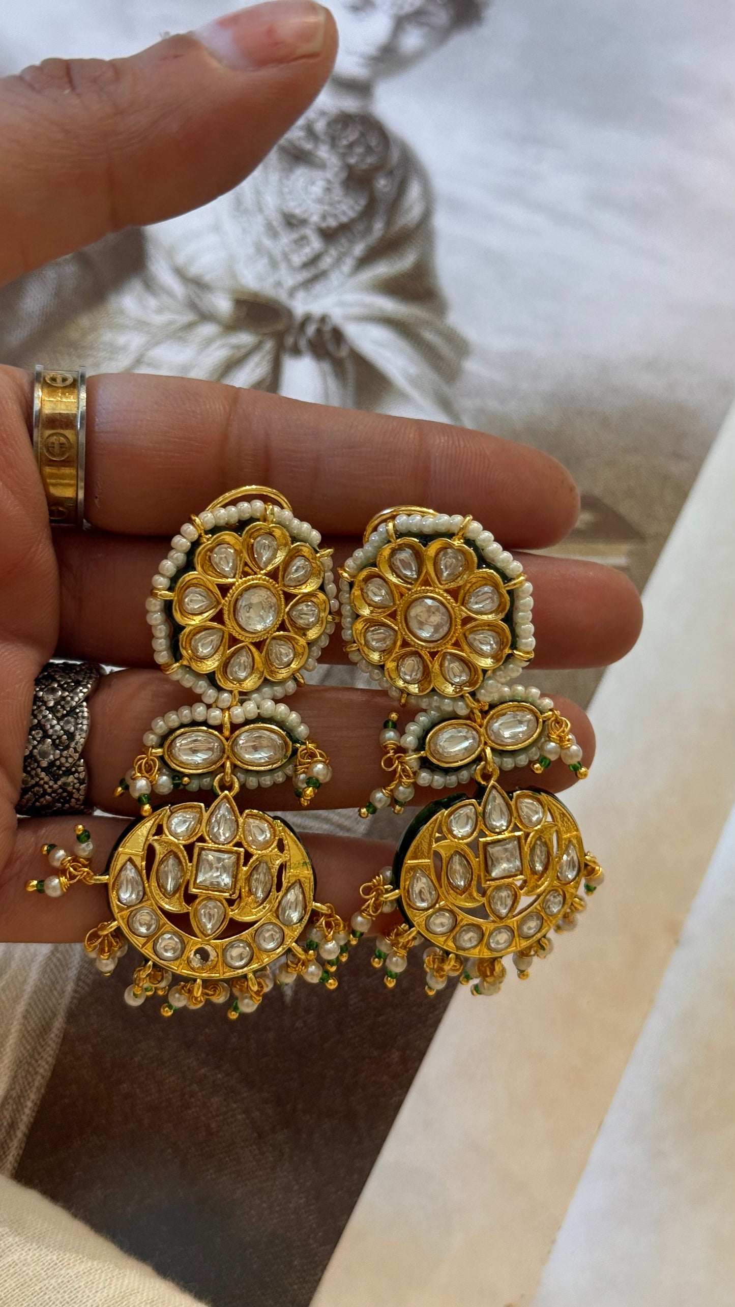 Meenakari gold polki earrings with pearl hangings