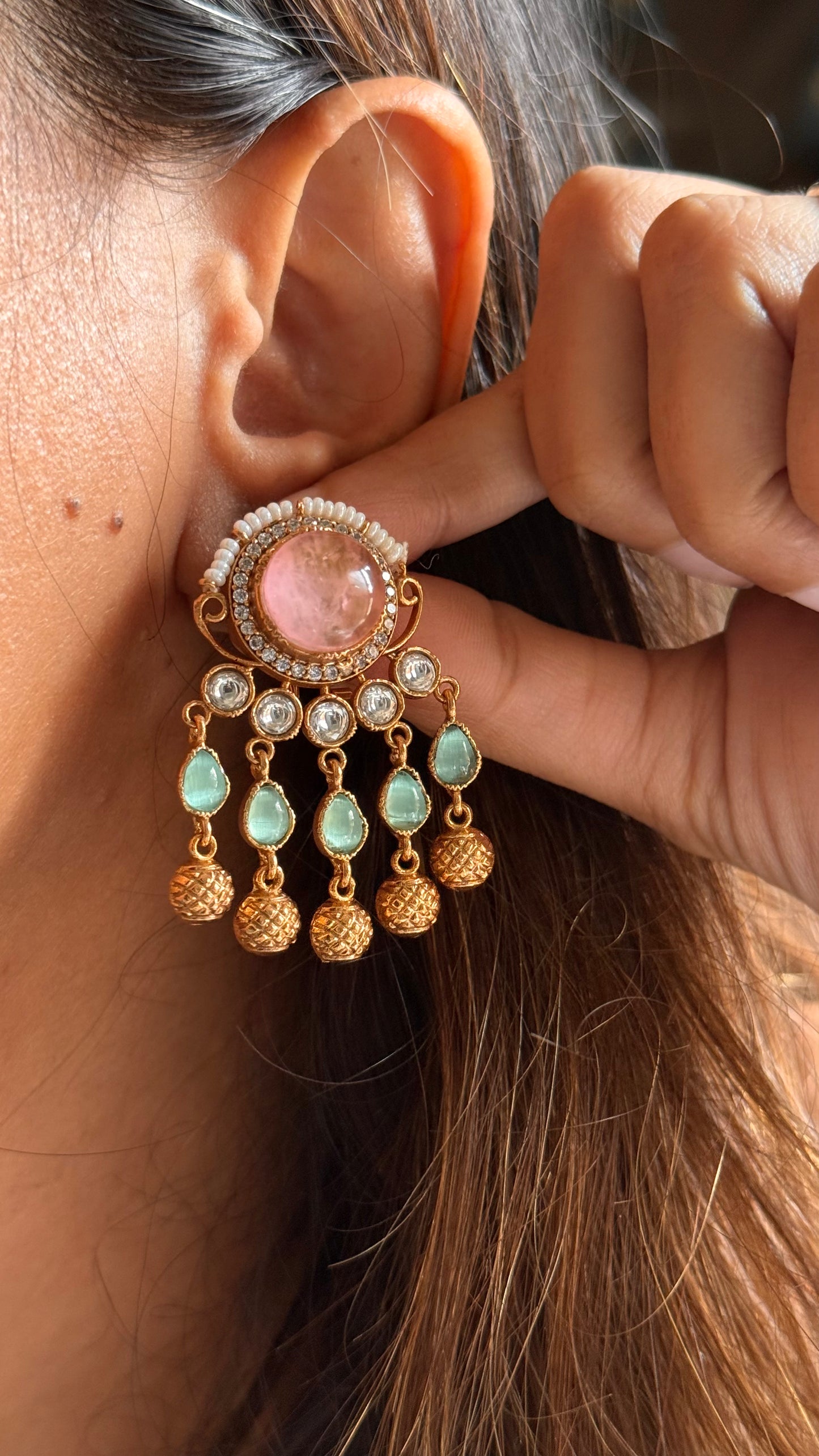 Rose quartz and mint and a hint of gold studs
