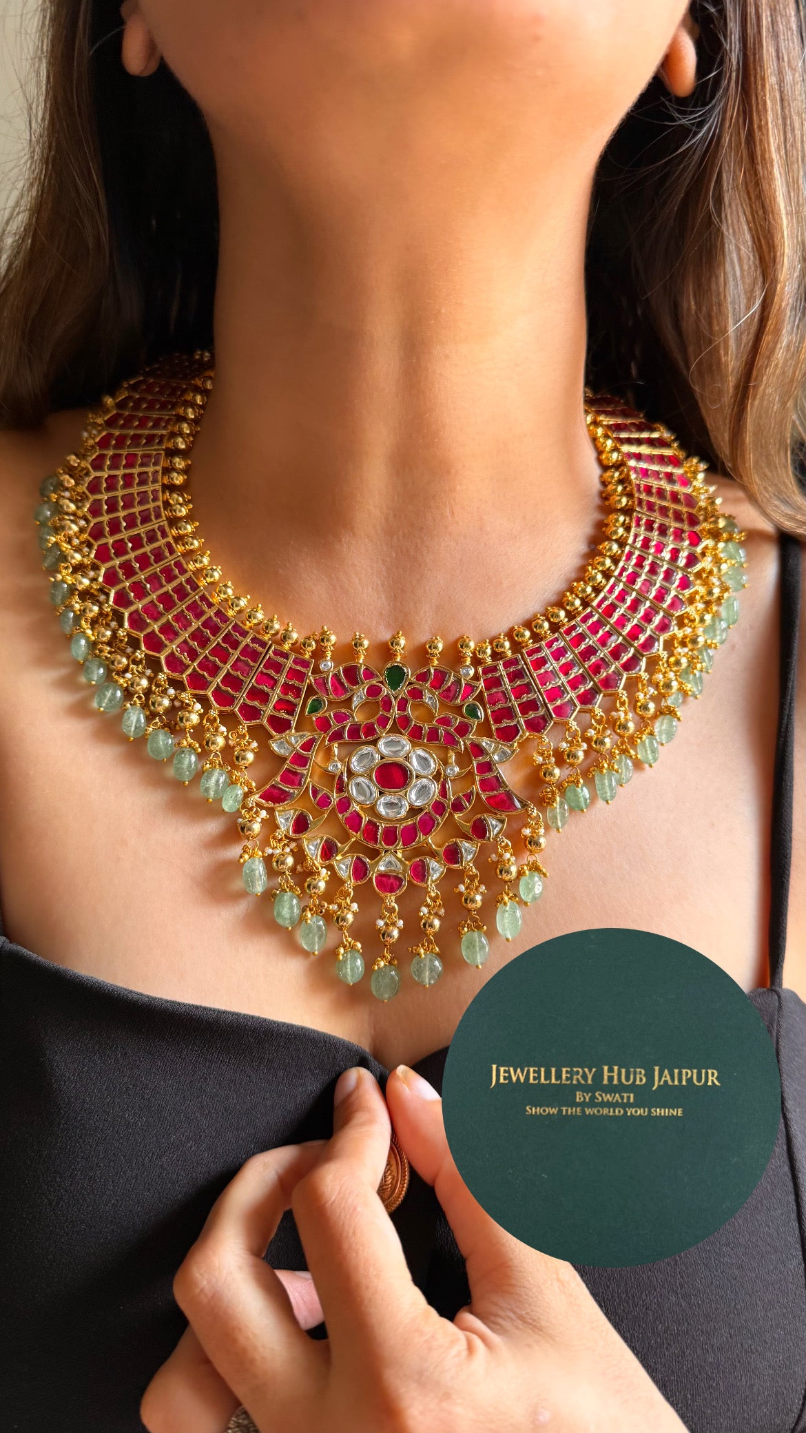Real Kemp Rani pink & emerald paachi rajwada with mint drop collar set