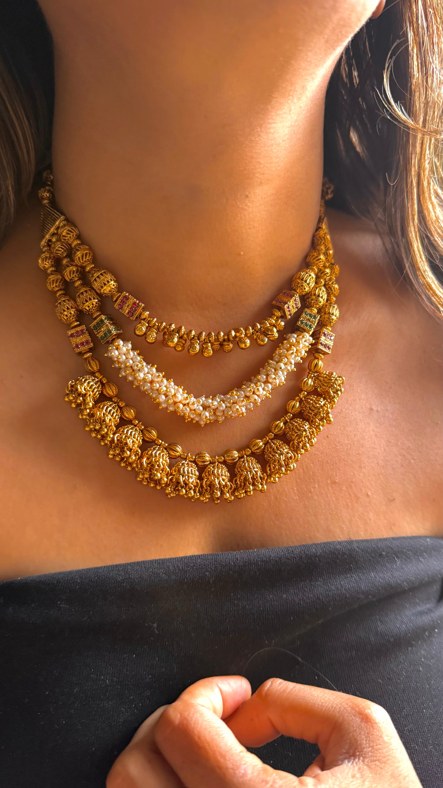 Triple layer Heritage necklace with Jhumki pattern