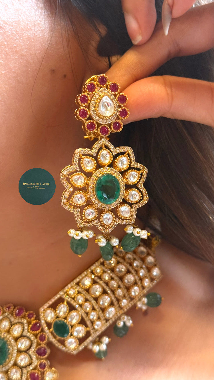 Emerald doublet & Rani pink floral moissanite choker set