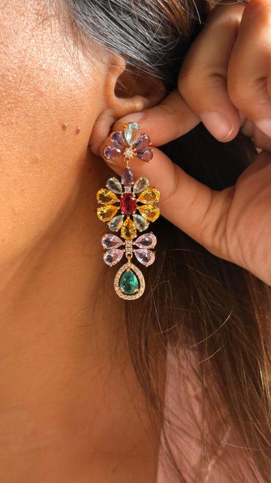 Rose Gold Multi-Gemstone Flower Danglers
