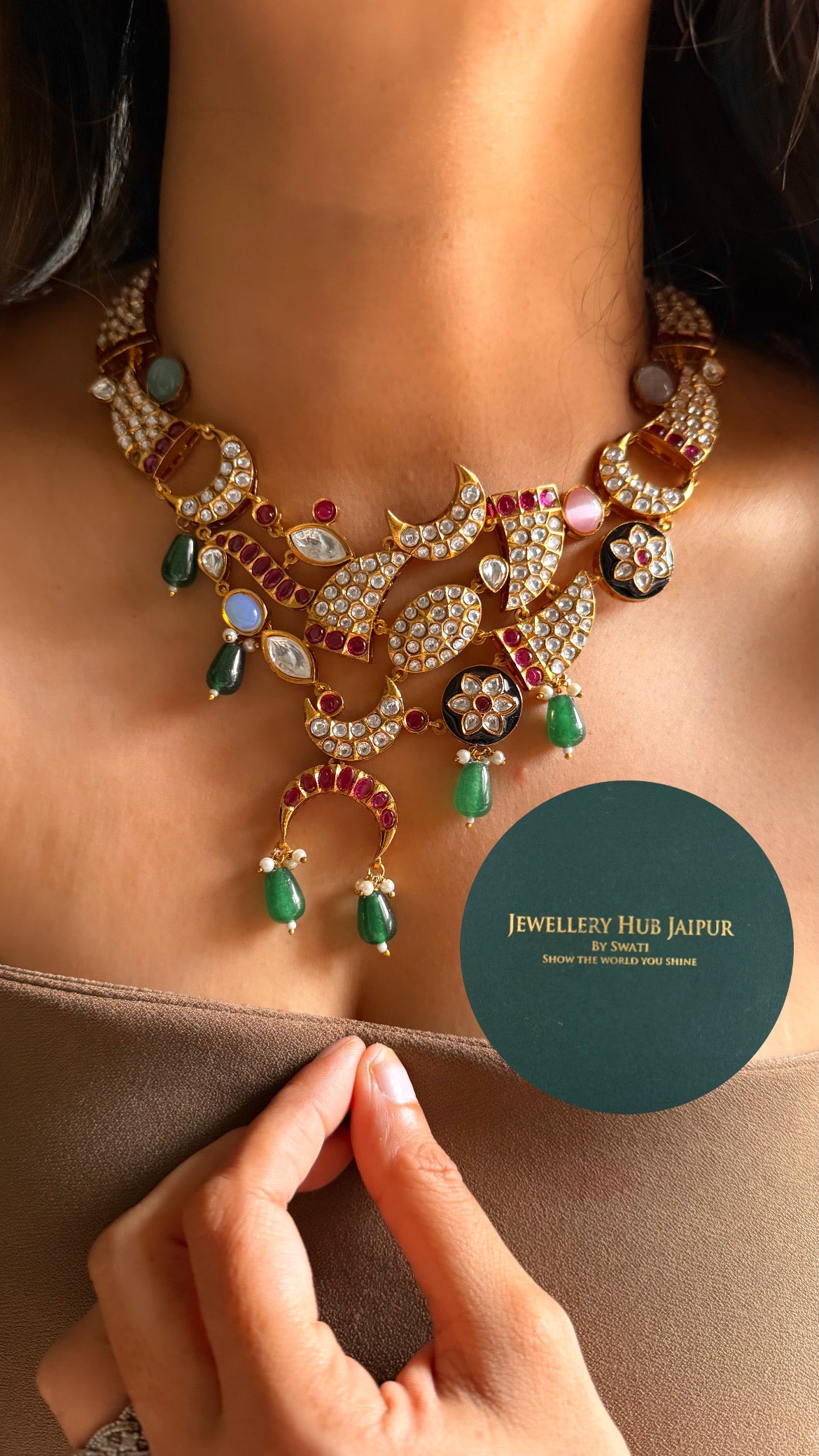 Sabyasachi inspired paachi half moon, Navratna necklace