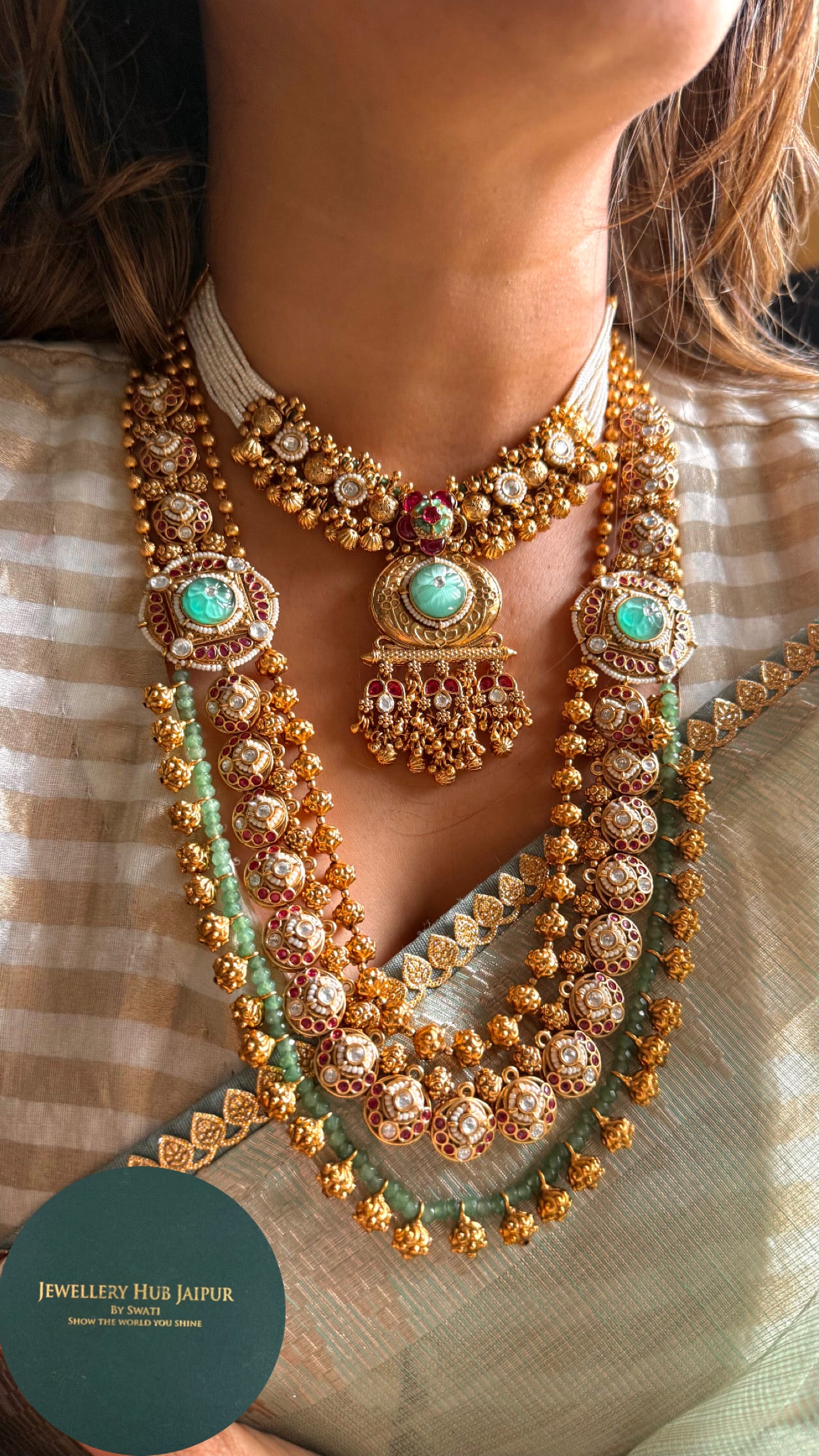 Mint  gold Rajwada bridal combo necklace