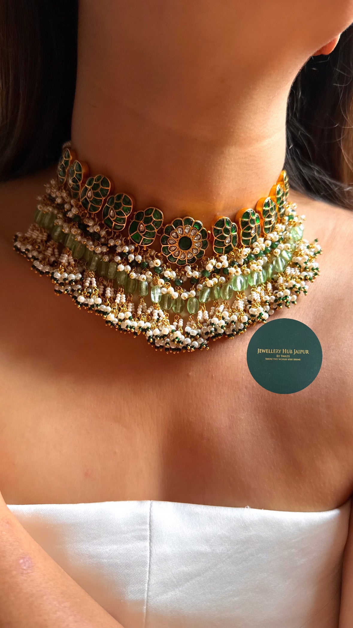 Emerald floral Kundan with mint & pearl drops heritage choker set